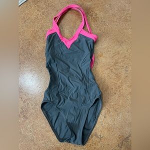 Capezio Open Back Grey Leotard with Pink Balletcore Dance Xsmall XS